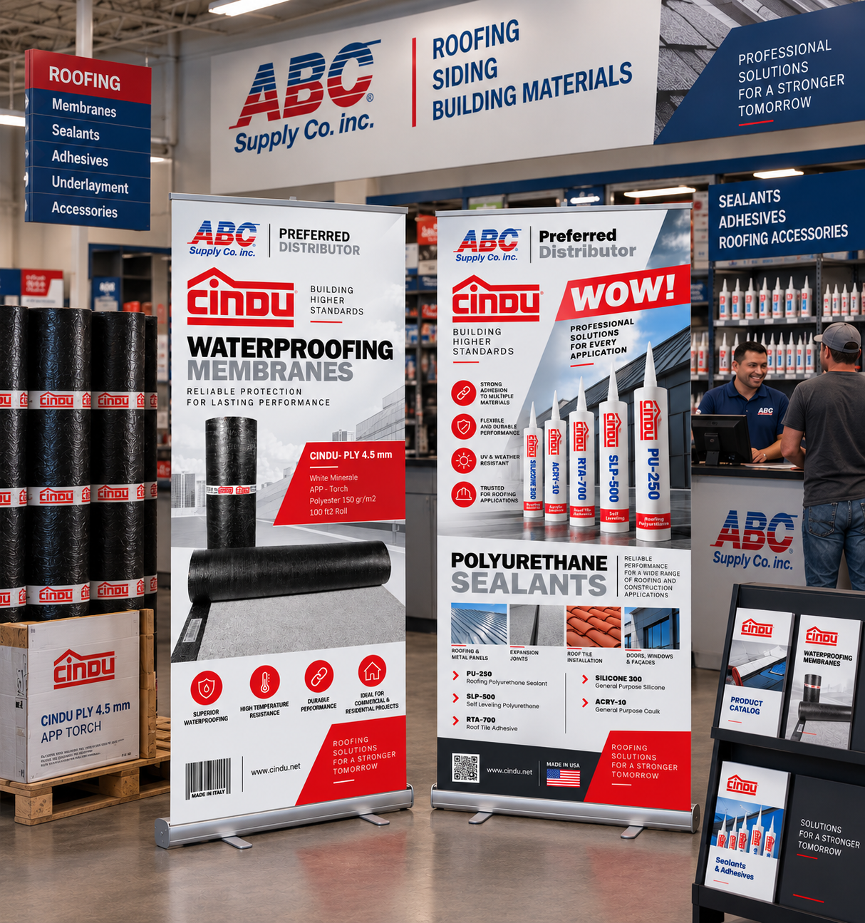 Cindu roofing products displayed at an ABC Supply distributor store