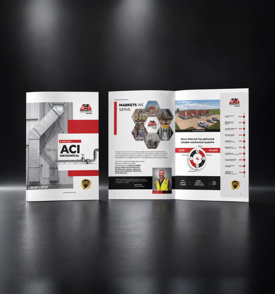 ACI Mechanical capabilities brochure shown as a cover and open spread